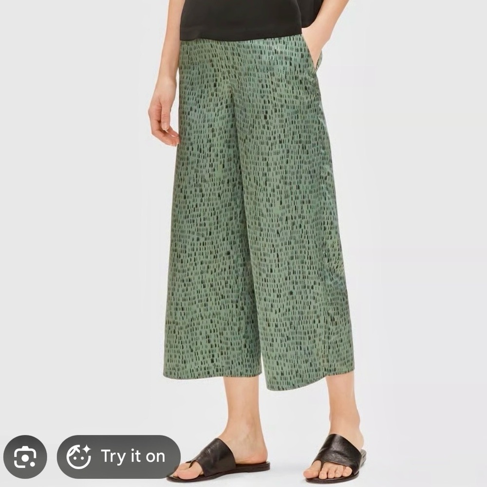 Eileen Fisher Women’s Nori Dash Print Wide Leg Cropped Silk Blend Green Pants